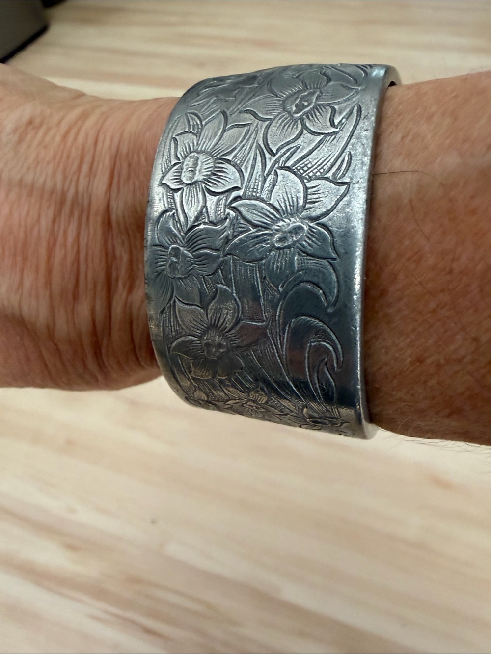 Engraved Floral Wide Pewter Cuff Bracelet - Silver